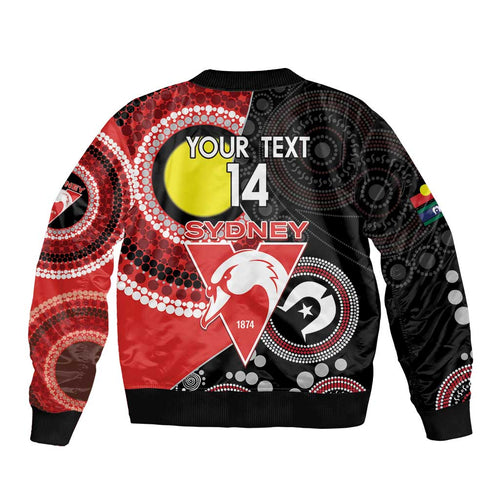 Custom AFL Swans NAIDOC Week Sleeve Zip Bomber Jacket Keep The Fire Burning Indigenous Art