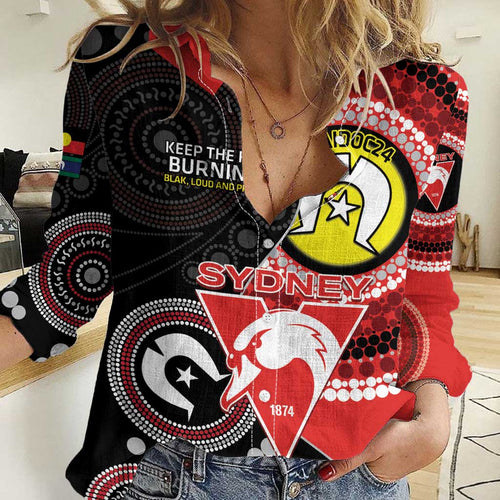 Custom AFL Swans NAIDOC Week Women Casual Shirt Keep The Fire Burning Indigenous Art