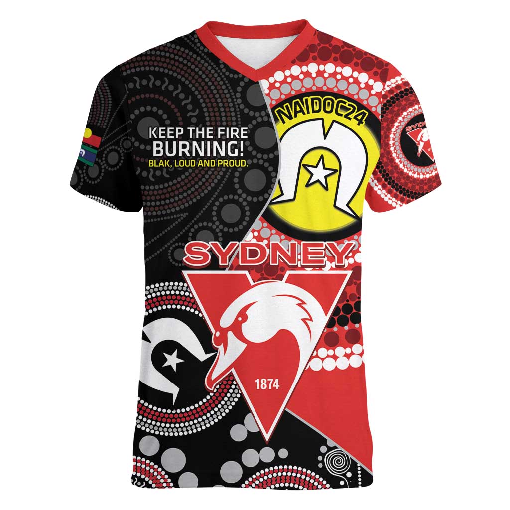 Custom AFL Swans NAIDOC Week Women V-Neck T-Shirt Keep The Fire Burning Indigenous Art