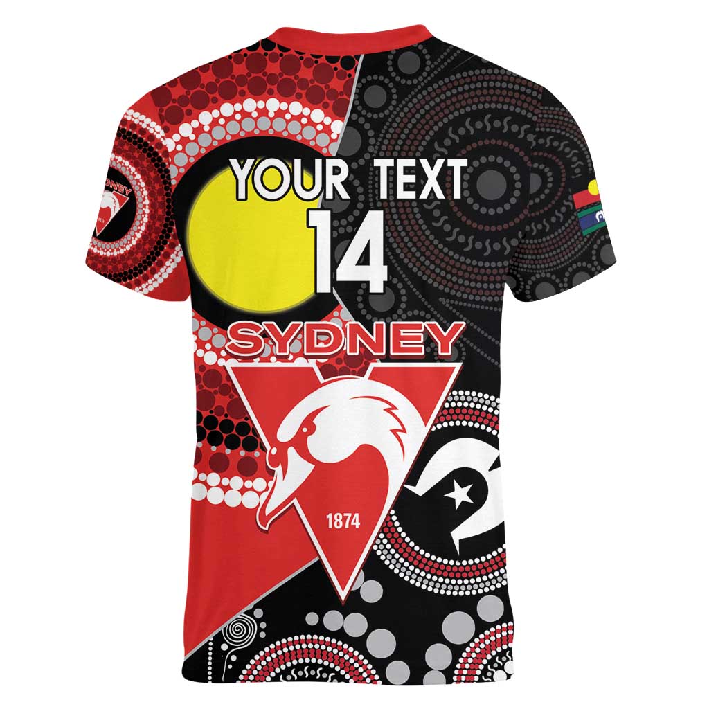 Custom AFL Swans NAIDOC Week Women V-Neck T-Shirt Keep The Fire Burning Indigenous Art