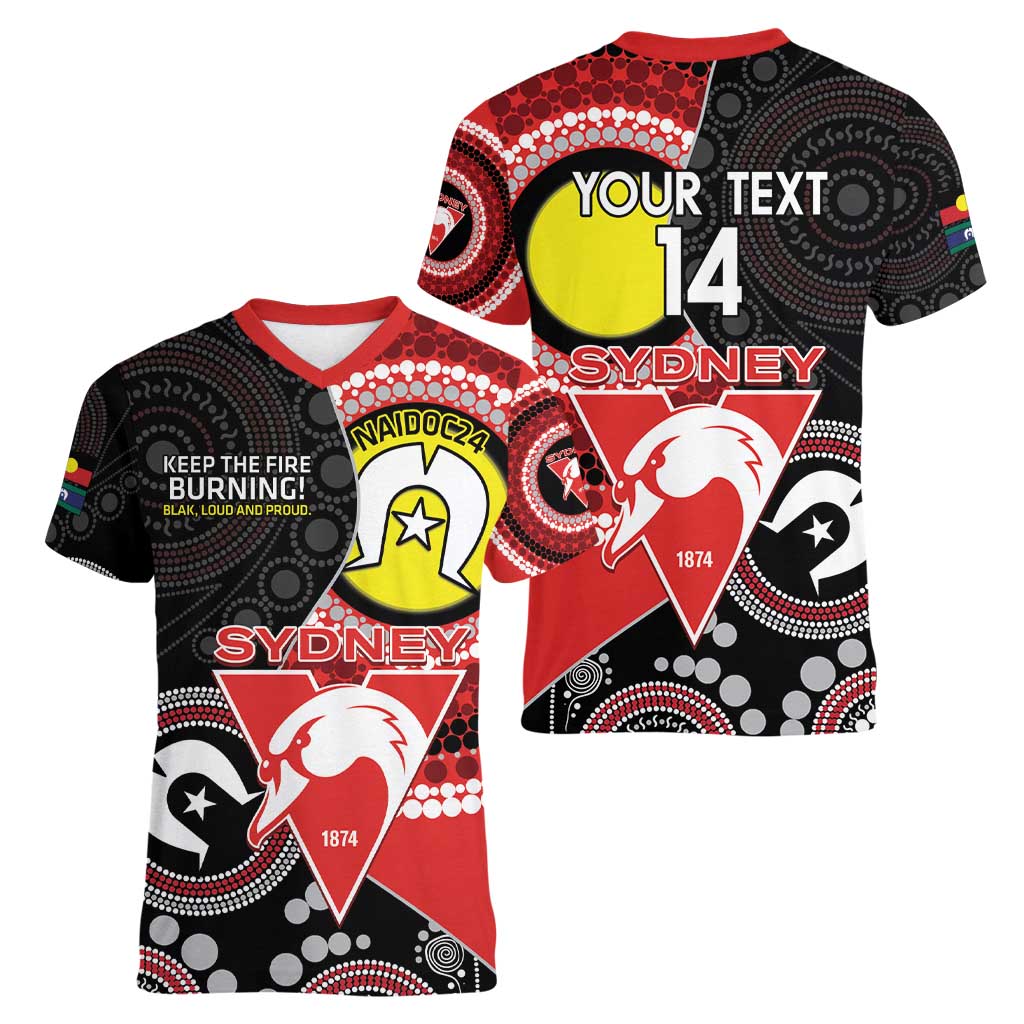 Custom AFL Swans NAIDOC Week Women V-Neck T-Shirt Keep The Fire Burning Indigenous Art
