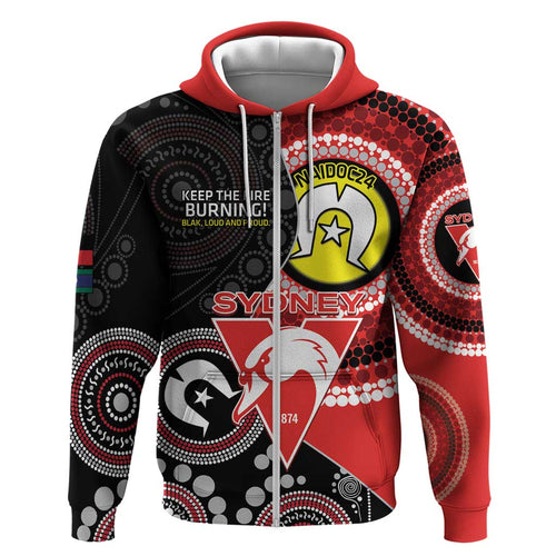 Custom AFL Swans NAIDOC Week Zip Hoodie Keep The Fire Burning Indigenous Art