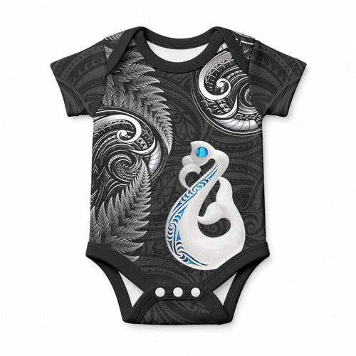 Personalised New Zealand Baby Onesie Aotearoa Silver Fern With Manaia Maori Unique Black