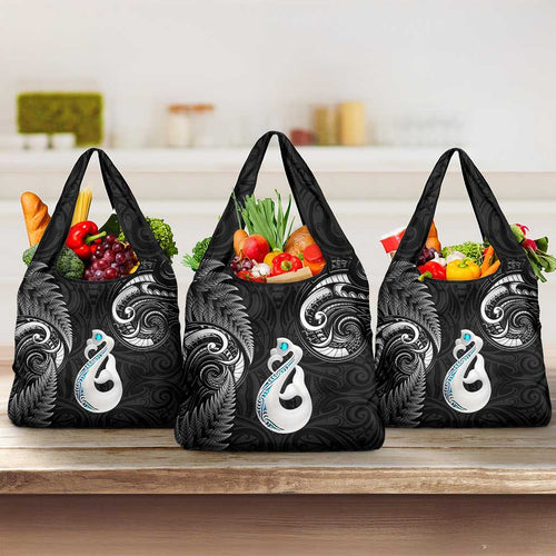 Black New Zealand Grocery Bag Aotearoa Silver Fern With Manaia Maori