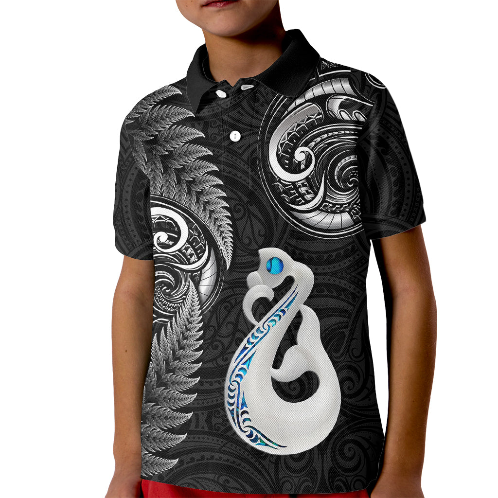 personalised-new-zealand-kid-polo-shirt-aotearoa-silver-fern-with-manaia-maori-unique-black