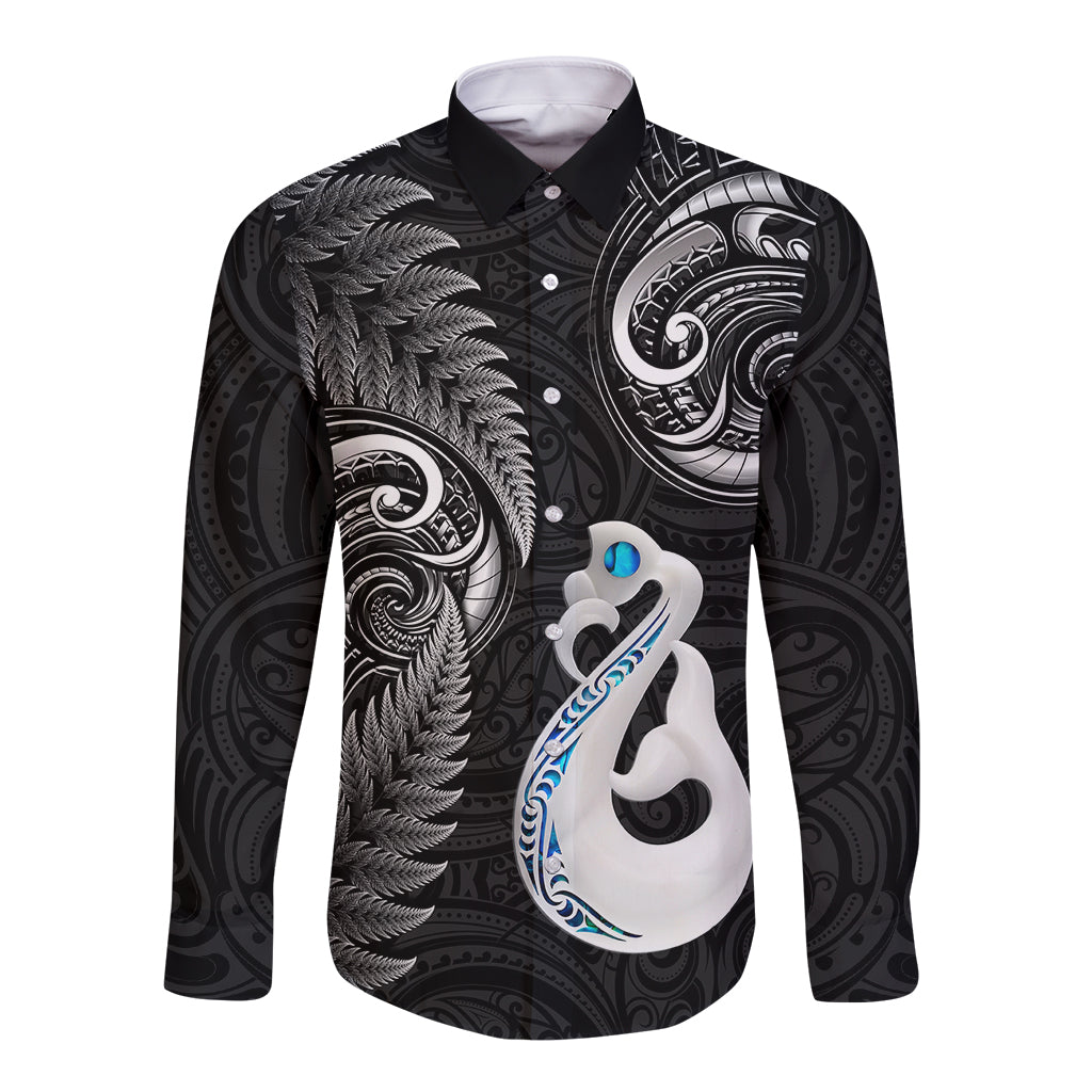personalised-new-zealand-long-sleeve-button-shirt-aotearoa-silver-fern-with-manaia-maori-unique-black