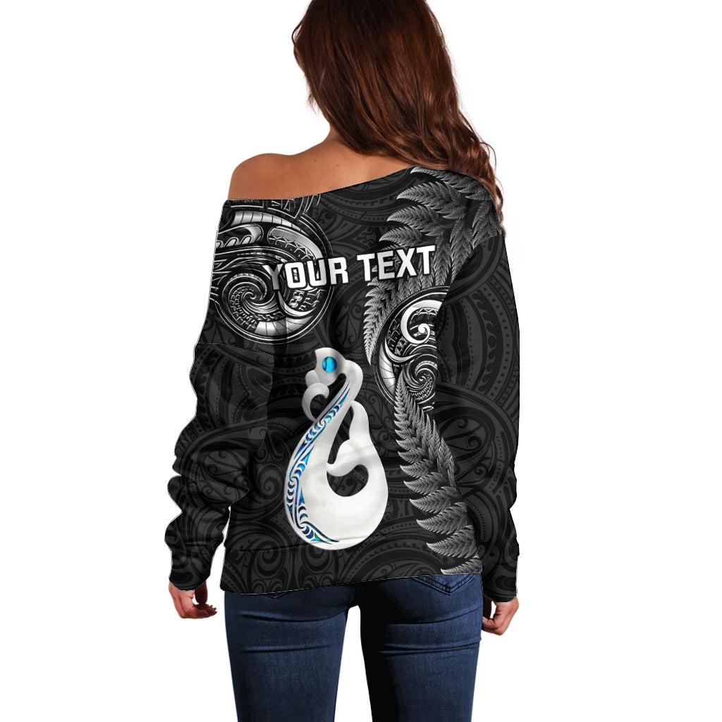 personalised-new-zealand-off-shoulder-sweater-aotearoa-silver-fern-with-manaia-maori-unique-black