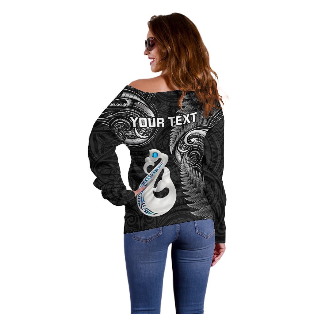 personalised-new-zealand-off-shoulder-sweater-aotearoa-silver-fern-with-manaia-maori-unique-black