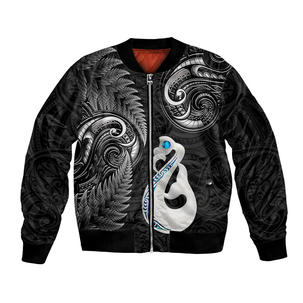 personalised-new-zealand-sleeve-zip-bomber-jacket-aotearoa-silver-fern-with-manaia-maori-unique-black
