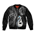 personalised-new-zealand-sleeve-zip-bomber-jacket-aotearoa-silver-fern-with-manaia-maori-unique-black