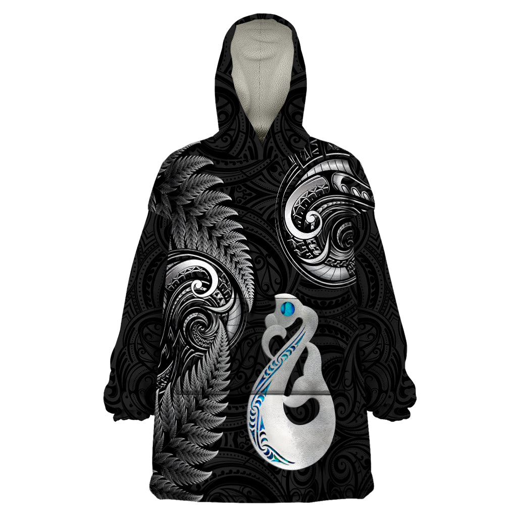 personalised-new-zealand-wearable-blanket-hoodie-aotearoa-silver-fern-with-manaia-maori-unique-black