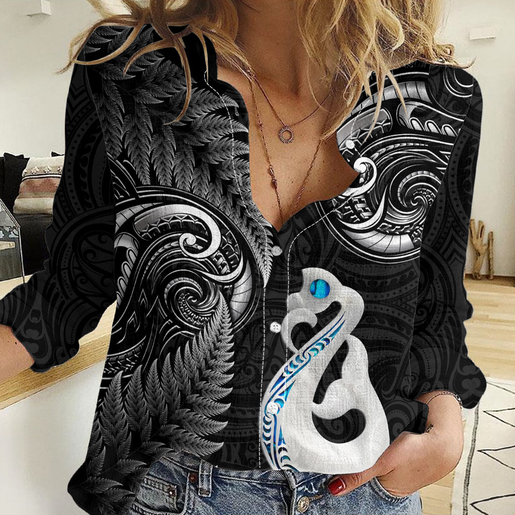 Personalised New Zealand Women Casual Shirt Aotearoa Silver Fern With Manaia Maori Unique Black LT14