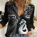 Personalised New Zealand Women Casual Shirt Aotearoa Silver Fern With Manaia Maori Unique Black LT14