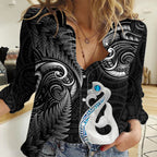 Personalised New Zealand Women Casual Shirt Aotearoa Silver Fern With Manaia Maori Unique Black LT14