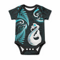 Personalised New Zealand Baby Onesie Aotearoa Silver Fern With Manaia Maori Unique Turquoise