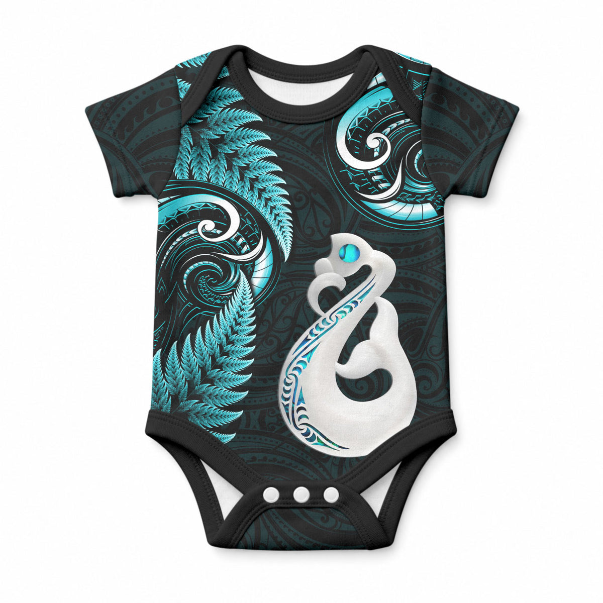 Personalised New Zealand Baby Onesie Aotearoa Silver Fern With Manaia Maori Unique Turquoise