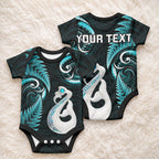 Personalised New Zealand Baby Onesie Aotearoa Silver Fern With Manaia Maori Unique Turquoise