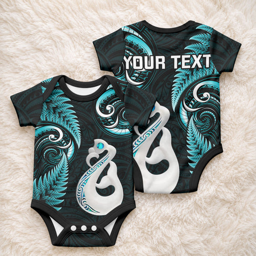 Personalised New Zealand Baby Onesie Aotearoa Silver Fern With Manaia Maori Unique Turquoise