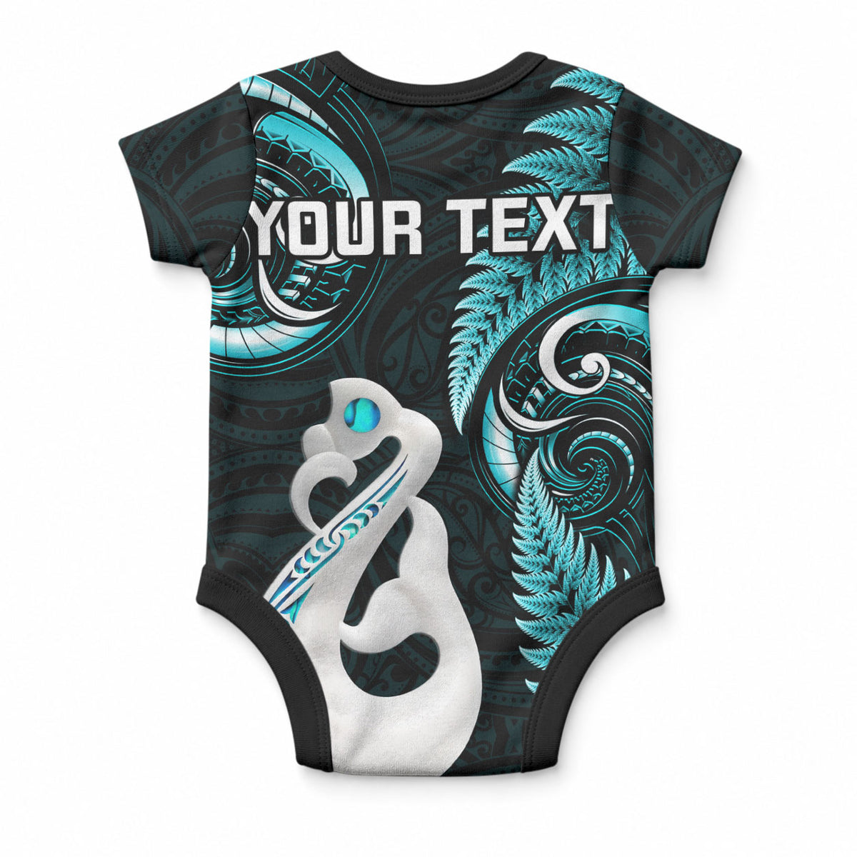 Personalised New Zealand Baby Onesie Aotearoa Silver Fern With Manaia Maori Unique Turquoise