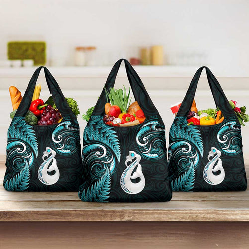 Turquoise New Zealand Grocery Bag Aotearoa Silver Fern With Manaia Maori