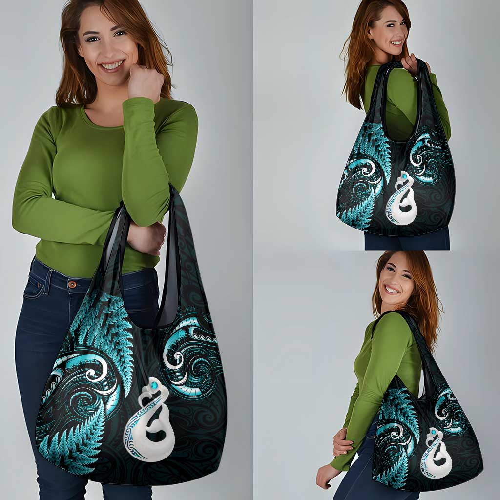 Turquoise New Zealand Grocery Bag Aotearoa Silver Fern With Manaia Maori