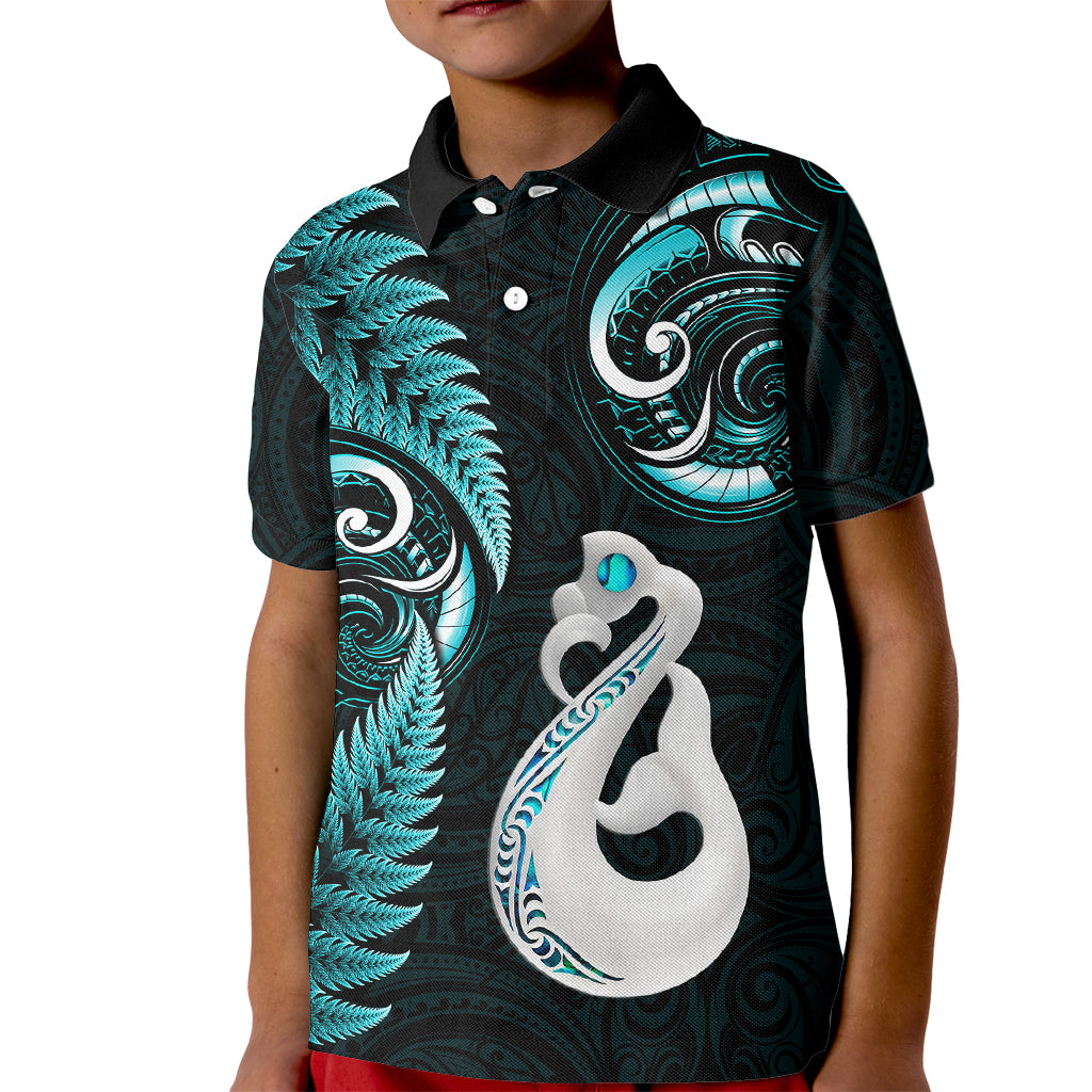 personalised-new-zealand-kid-polo-shirt-aotearoa-silver-fern-with-manaia-maori-unique-turquoise