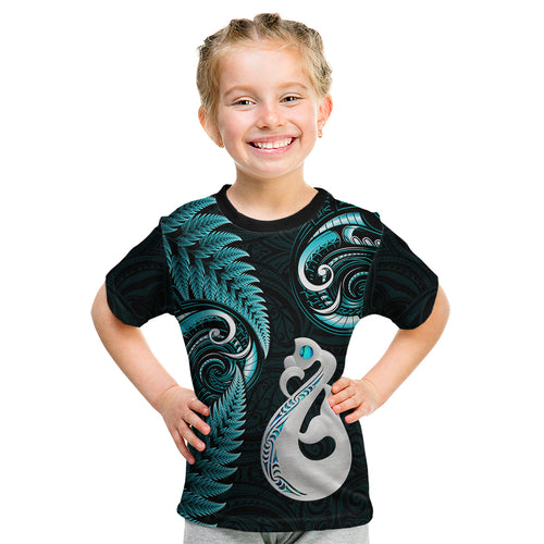 personalised-new-zealand-kid-t-shirt-aotearoa-silver-fern-with-manaia-maori-unique-turquoise