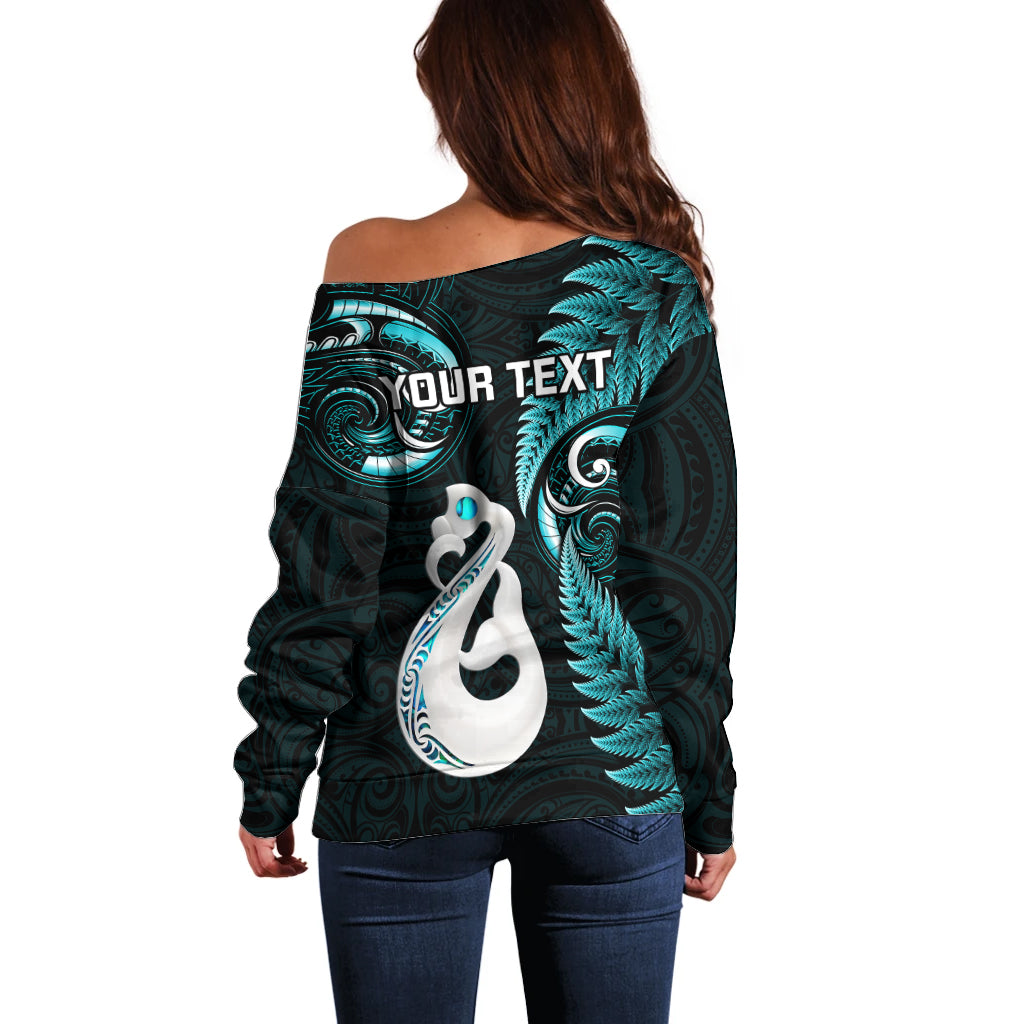 personalised-new-zealand-off-shoulder-sweater-aotearoa-silver-fern-with-manaia-maori-unique-turquoise