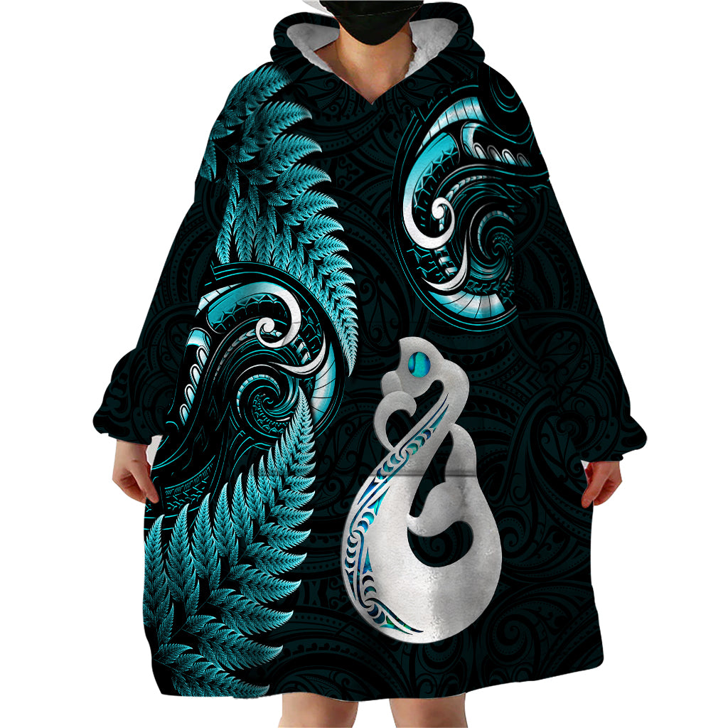 personalised-new-zealand-wearable-blanket-hoodie-aotearoa-silver-fern-with-manaia-maori-unique-turquoise