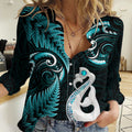 Personalised New Zealand Women Casual Shirt Aotearoa Silver Fern With Manaia Maori Unique Turquoise LT14