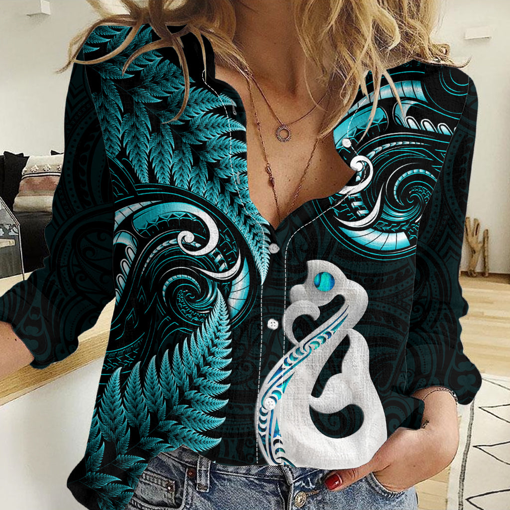 Personalised New Zealand Women Casual Shirt Aotearoa Silver Fern With Manaia Maori Unique Turquoise LT14
