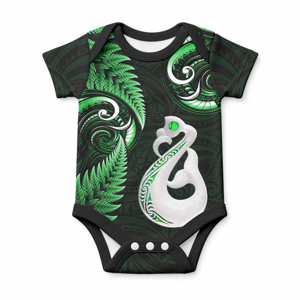 Personalised New Zealand Baby Onesie Aotearoa Silver Fern With Manaia Maori Unique Green
