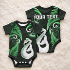 Personalised New Zealand Baby Onesie Aotearoa Silver Fern With Manaia Maori Unique Green