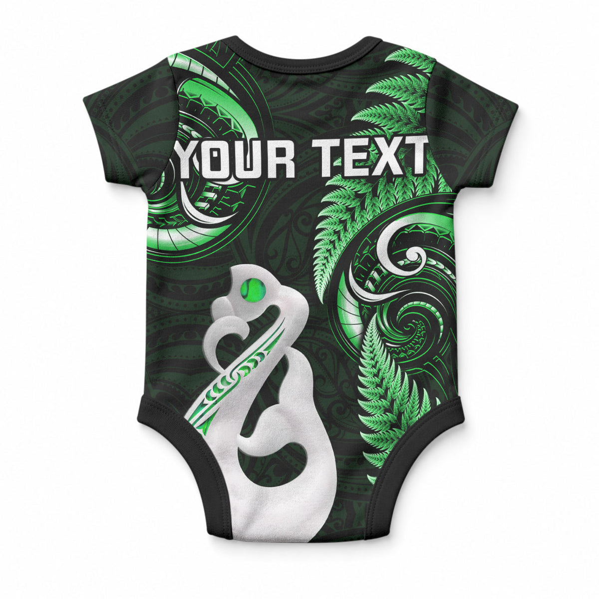 Personalised New Zealand Baby Onesie Aotearoa Silver Fern With Manaia Maori Unique Green