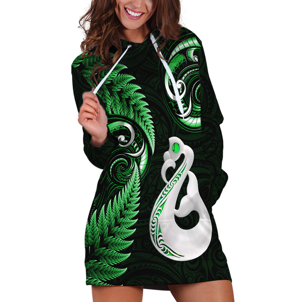 personalised-new-zealand-hoodie-dress-aotearoa-silver-fern-with-manaia-maori-unique-green