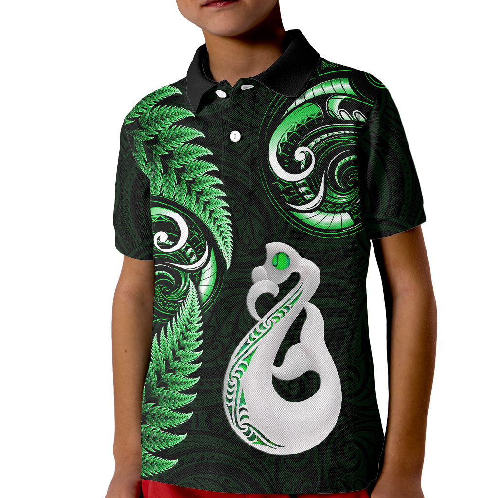personalised-new-zealand-kid-polo-shirt-aotearoa-silver-fern-with-manaia-maori-unique-green