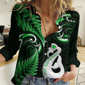 Personalised New Zealand Women Casual Shirt Aotearoa Silver Fern With Manaia Maori Unique Green LT14