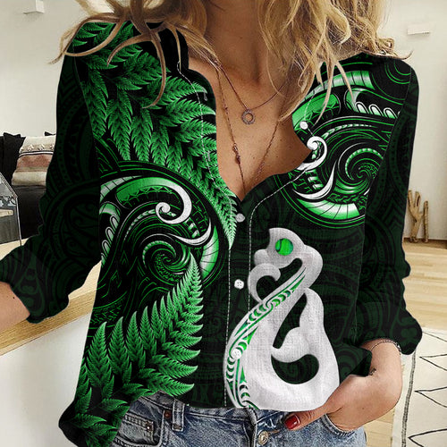 Personalised New Zealand Women Casual Shirt Aotearoa Silver Fern With Manaia Maori Unique Green LT14