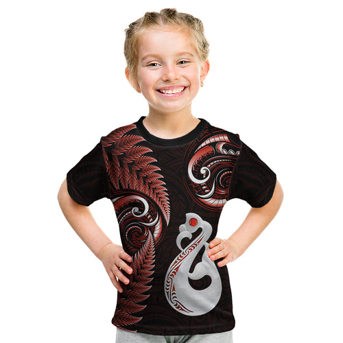 personalised-new-zealand-kid-t-shirt-aotearoa-silver-fern-with-manaia-maori-unique-red