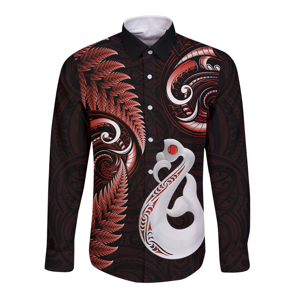 personalised-new-zealand-long-sleeve-button-shirt-aotearoa-silver-fern-with-manaia-maori-unique-red