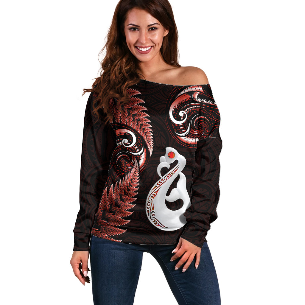 personalised-new-zealand-off-shoulder-sweater-aotearoa-silver-fern-with-manaia-maori-unique-red