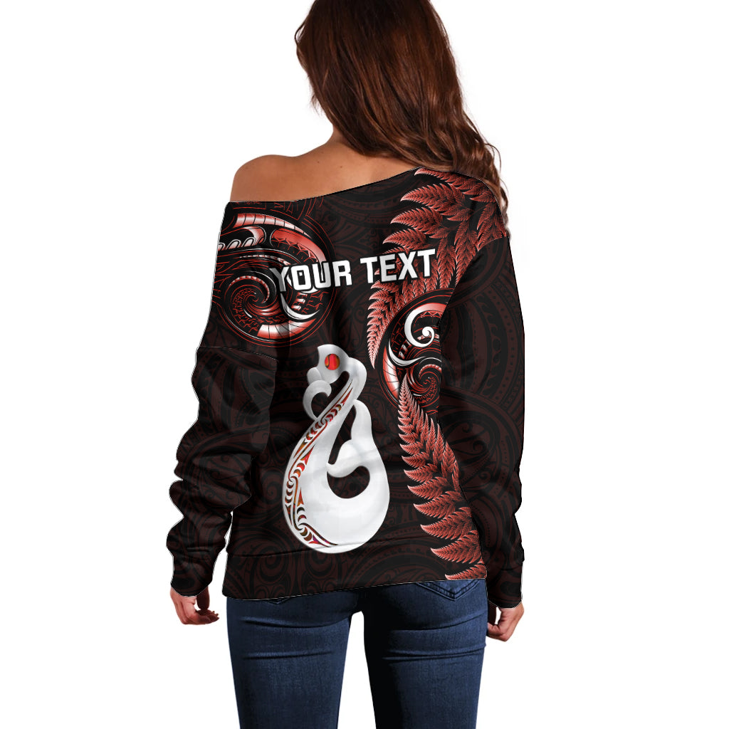 personalised-new-zealand-off-shoulder-sweater-aotearoa-silver-fern-with-manaia-maori-unique-red