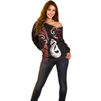personalised-new-zealand-off-shoulder-sweater-aotearoa-silver-fern-with-manaia-maori-unique-red