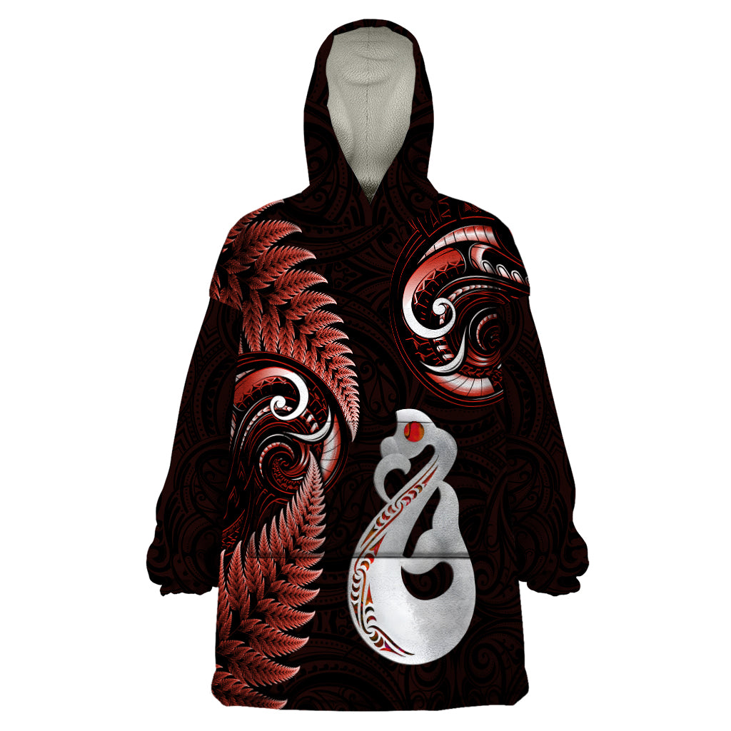 personalised-new-zealand-wearable-blanket-hoodie-aotearoa-silver-fern-with-manaia-maori-unique-red