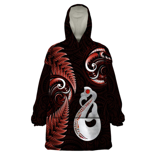 personalised-new-zealand-wearable-blanket-hoodie-aotearoa-silver-fern-with-manaia-maori-unique-red