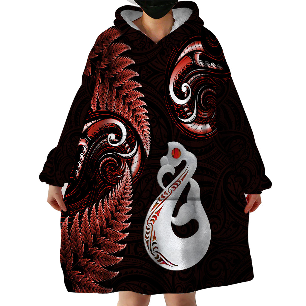 personalised-new-zealand-wearable-blanket-hoodie-aotearoa-silver-fern-with-manaia-maori-unique-red