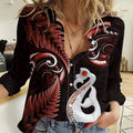 Personalised New Zealand Women Casual Shirt Aotearoa Silver Fern With Manaia Maori Unique Red LT14