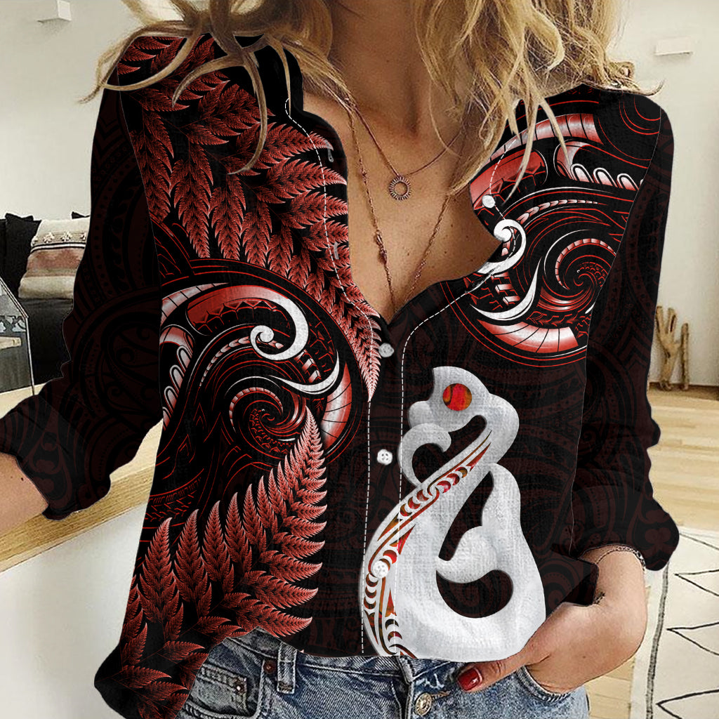 Personalised New Zealand Women Casual Shirt Aotearoa Silver Fern With Manaia Maori Unique Red LT14