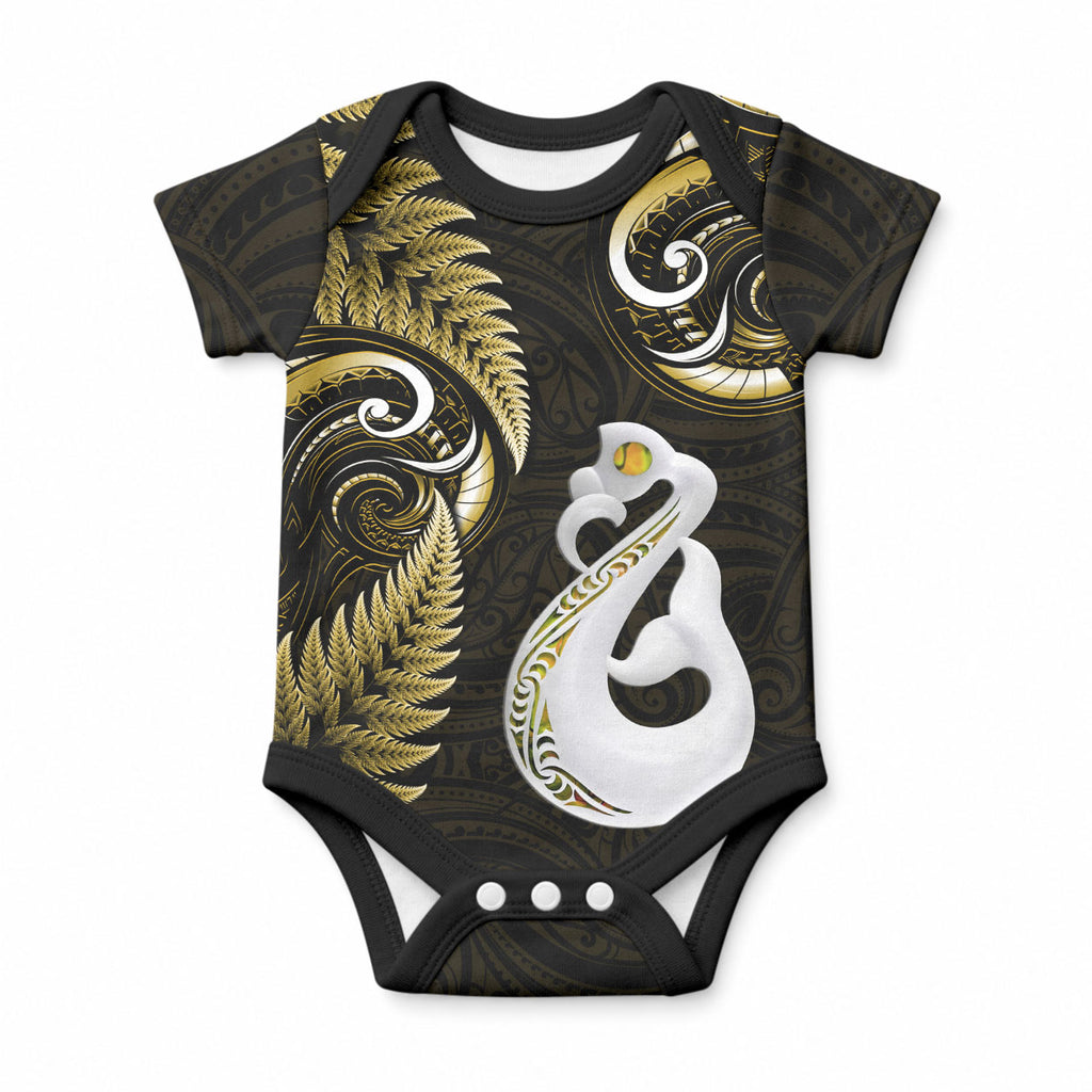 Personalised New Zealand Baby Onesie Aotearoa Silver Fern With Manaia Maori Unique Gold