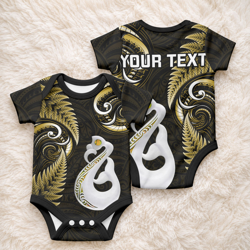 Personalised New Zealand Baby Onesie Aotearoa Silver Fern With Manaia Maori Unique Gold